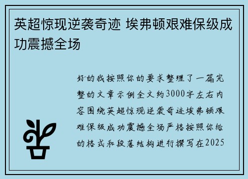 英超惊现逆袭奇迹 埃弗顿艰难保级成功震撼全场